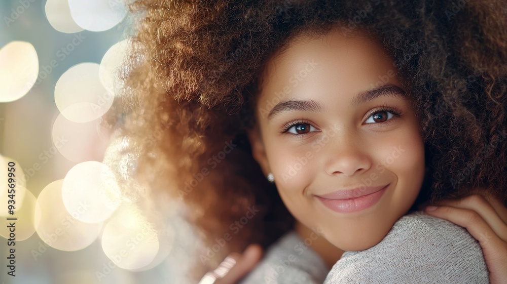 A young girl with curly hair is smiling and looking at the camera A young girl with curly hair is smiling and looking at the camera
