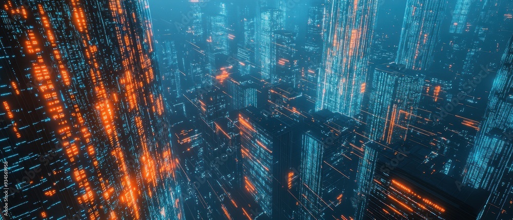 Obraz premium Futuristic Cityscape with Glowing Lines and Data Stream, Cyberpunk City, Neon City, Digital City, Night City, Sci-Fi City