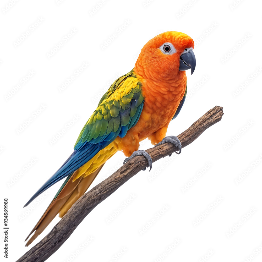 Fototapeta premium Sun conure on a tree branch, isolated on a transparent background