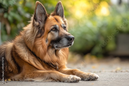 A majestic dog rests peacefully in a serene setting. Its fur glows in the warm sunlight. Perfect for pet lovers and nature fans. Captures beauty and calmness. Generative AI