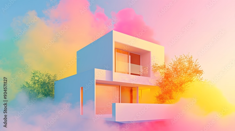Contrast focused presentation of a compact house with organic shapes and a color burst background AI generated illustration Contrast focused presentation of a compact house with organic shapes and a color burst background AI generated illustration