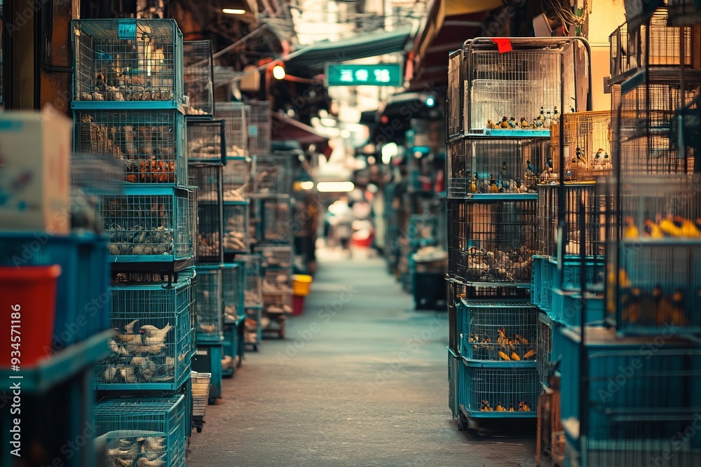 An animal market aisle selling birds and cages An animal market aisle selling birds and cages