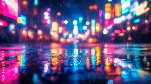 A blurred city street at night, glowing neon lights reflecting on wet pavement