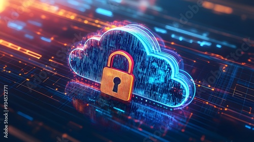 A futuristic graphic of a cloud symbol locked with a padlock, with digital grids and abstract shapes in the background, highlighting the concept of cloud-based cybersecurity and encrypted data protect photo