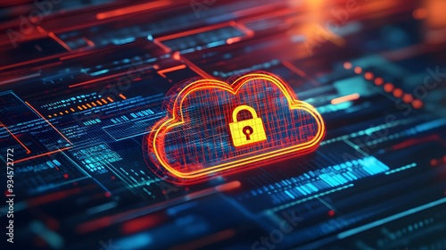 A futuristic graphic of a cloud symbol locked with a padlock, with digital grids and abstract shapes in the background, highlighting the concept of cloud-based cybersecurity and encrypted data protect photo