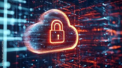 A futuristic graphic of a cloud symbol locked with a padlock, with digital grids and abstract shapes in the background, highlighting the concept of cloud-based cybersecurity and encrypted data protect photo