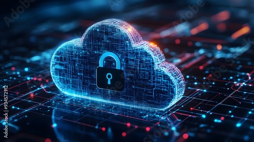 A futuristic graphic of a cloud symbol locked with a padlock, with digital grids and abstract shapes in the background, highlighting the concept of cloud-based cybersecurity and encrypted data protect photo