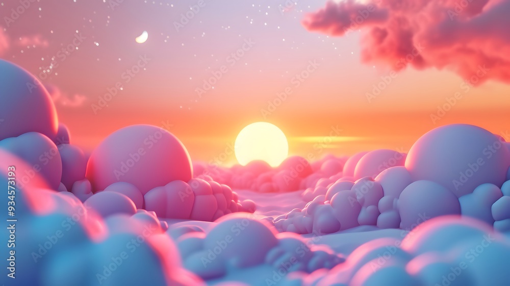 Cute 3D abstract clouds littering a sunset-inspired background AI generated illustration Cute 3D abstract clouds littering a sunset-inspired background AI generated illustration