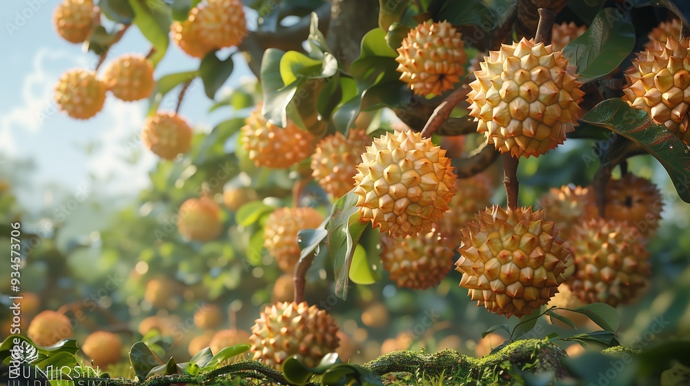 Vibrant Tree With Spiky Orange Fruits Growing Abundantly in Lush Greenery Under Clear Blue Sky Vibrant Tree With Spiky Orange Fruits Growing Abundantly in Lush Greenery Under Clear Blue Sky