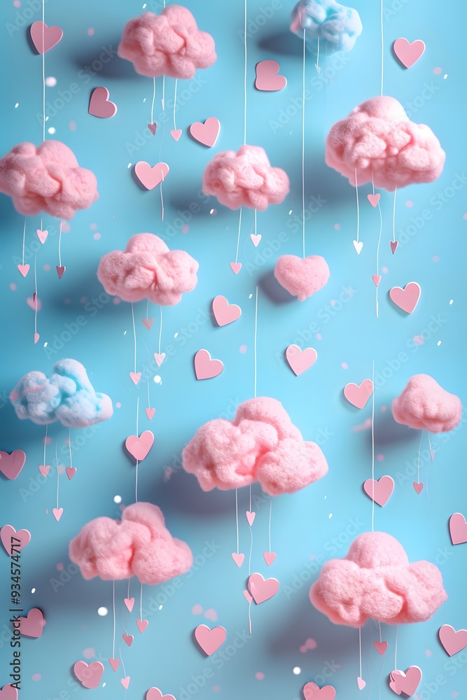 Cute little 3D clouds raining pink and blue hearts AI generated illustration Cute little 3D clouds raining pink and blue hearts AI generated illustration