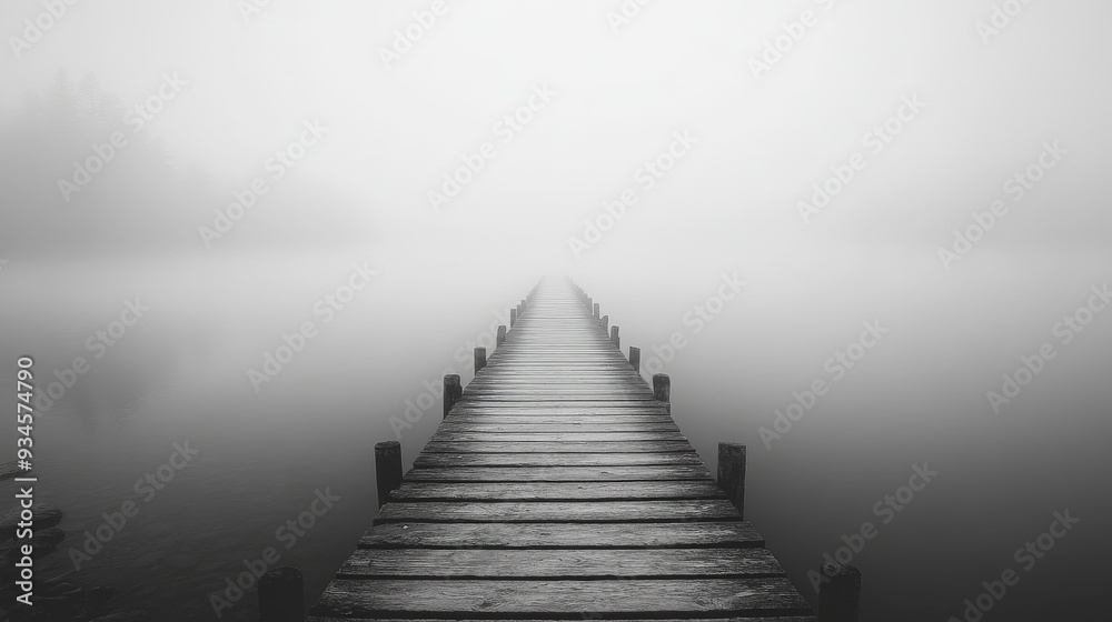 haunting wooden dock stretching out into dense fog haunting wooden dock stretching out into dense fog