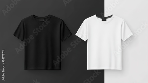 Blank black and white t-shirt mockup flat lay, different types