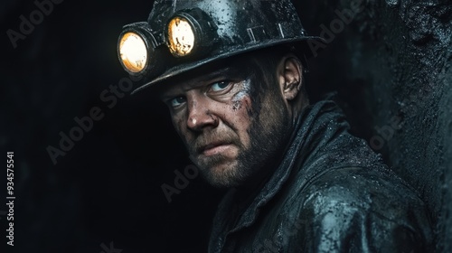Portrait of a Coal Miner in the Underground Mine Shaft.