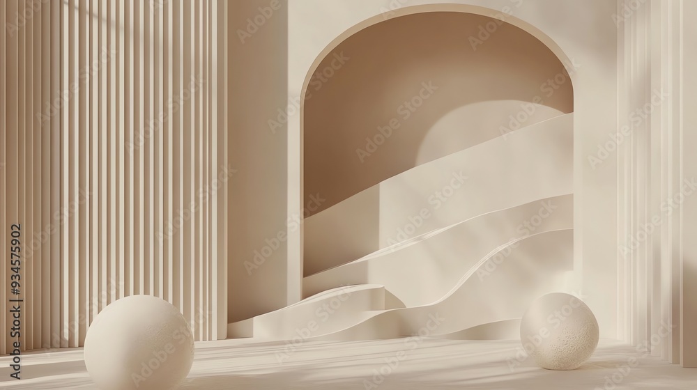 Fototapeta premium Abstract architectural background with a white, curved wall, an archway, and columns. Minimalist and modern.