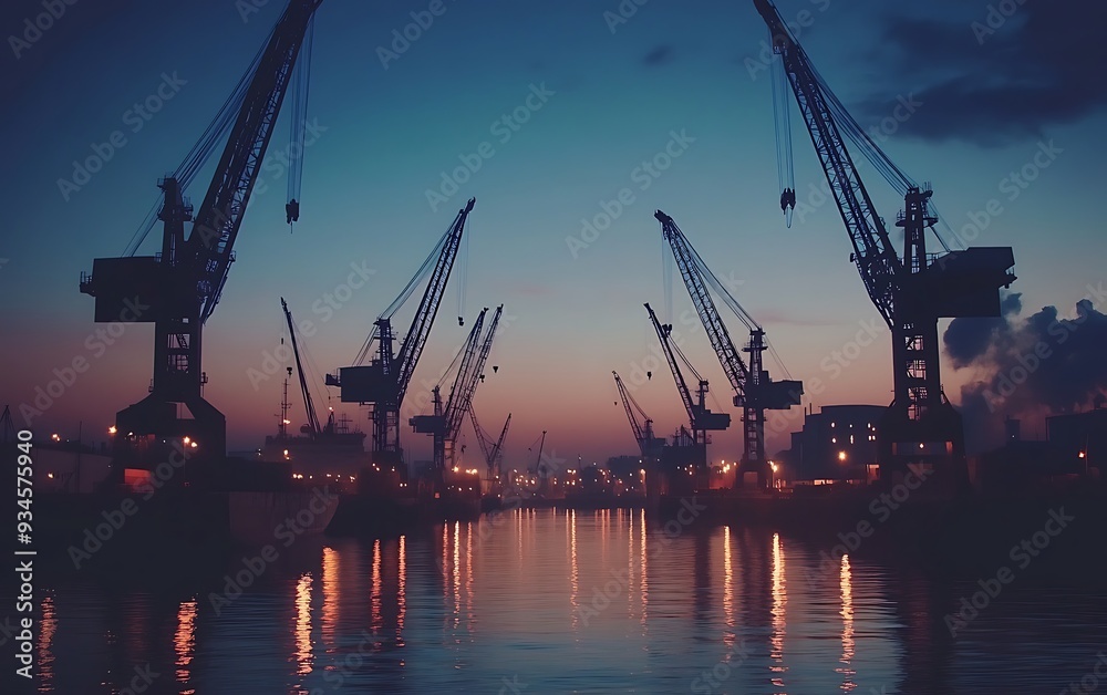 Dramatic Close-up of Cranes in Harbor at Dusk with Stark Shadows Dramatic Close-up of Cranes in Harbor at Dusk with Stark Shadows