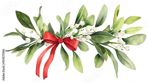Watercolor illustration of a mistletoe bunch a classic seasonal evergreen plant associated with Christmas and New Year Hand painted design featuring white berries and a red ribbon against a white