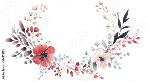 Watercolor floral wreath frame with isolated elements on a white background