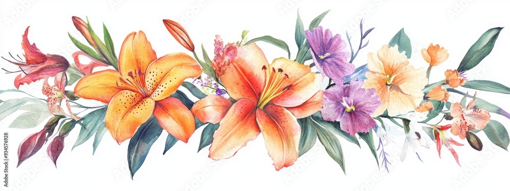 Obraz premium Watercolor illustration of a bouquet featuring lilies carnations and orchids on a white background