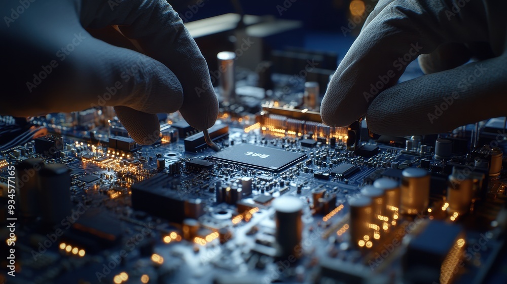 Close Up of Gloved Hands Repairing Circuit Board with Soldering Iron. Close Up of Gloved Hands Repairing Circuit Board with Soldering Iron.