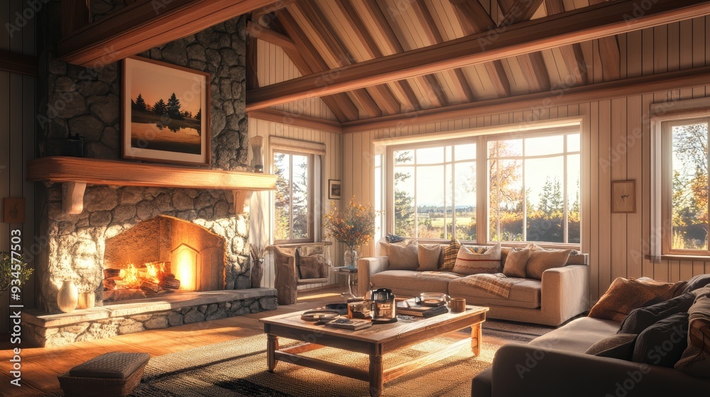 Cozy Cabin Living Room with Fireplace, Stone Walls, and Large Windows - Interior Design. Cozy Cabin Living Room with Fireplace, Stone Walls, and Large Windows - Interior Design.