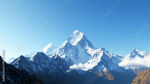 Majestic mountain range with snow-capped peaks and clear blue sky above. Majestic Mountain Range