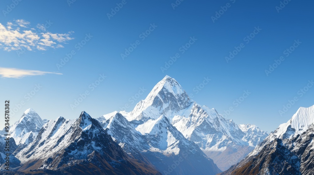 Majestic mountain range with snow-capped peaks and clear blue sky above. Majestic Mountain Range Majestic mountain range with snow-capped peaks and clear blue sky above. Majestic Mountain Range