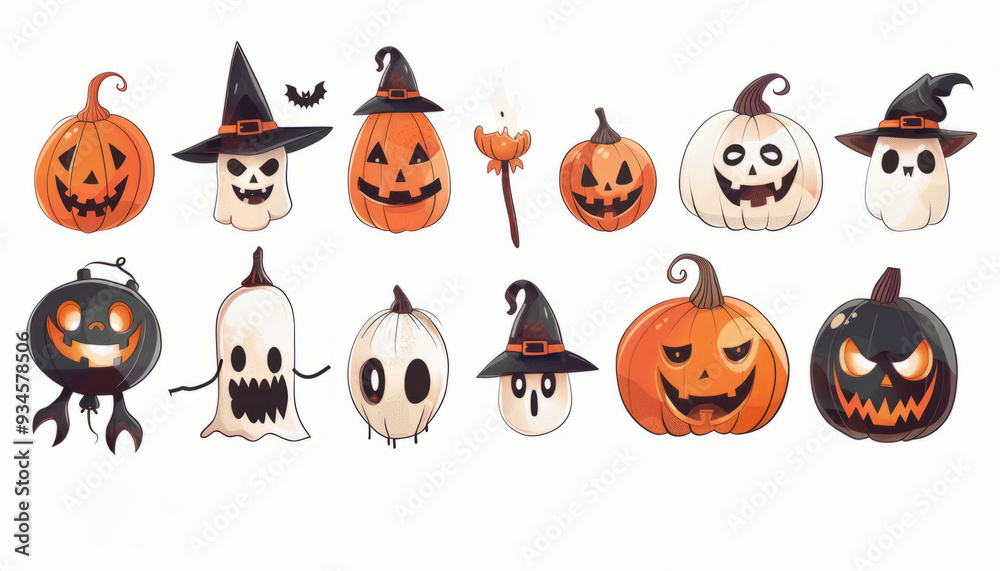 Cute and Spooky Set of Halloween Monsters and Characters in Cartoon Style - Digital Art on White Background Cute and Spooky Set of Halloween Monsters and Characters in Cartoon Style - Digital Art on White Background
