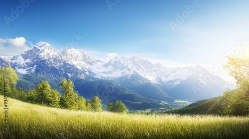 Wallpaper Mural Majestic mountain range with snow-capped peaks and clear blue sky above. Majestic Mountain Range Torontodigital.ca