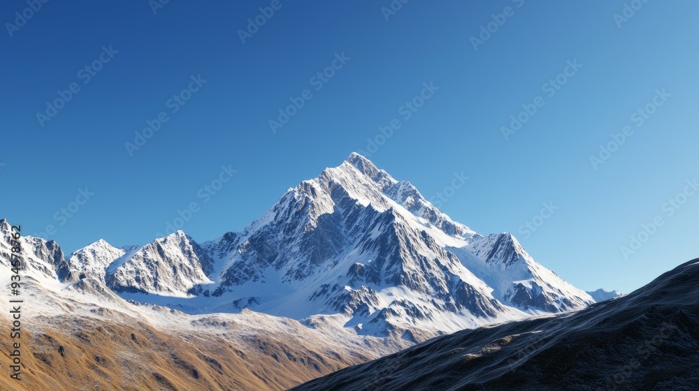 Fototapeta premium Majestic mountain range with snow-capped peaks and clear blue sky above. Majestic Mountain Range