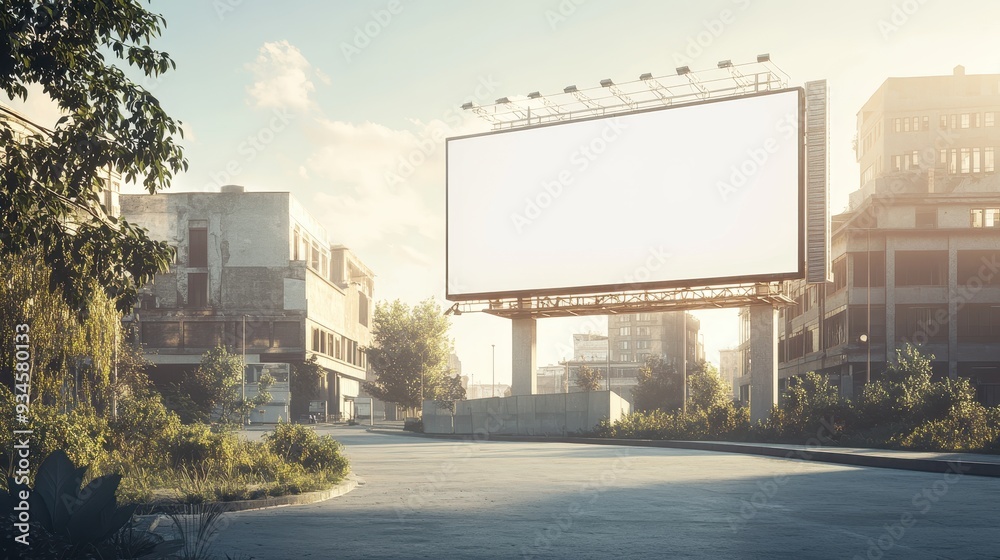 Blank Billboard Mockup in Urban Setting with Sun Flare and Buildings. Blank Billboard Mockup in Urban Setting with Sun Flare and Buildings.