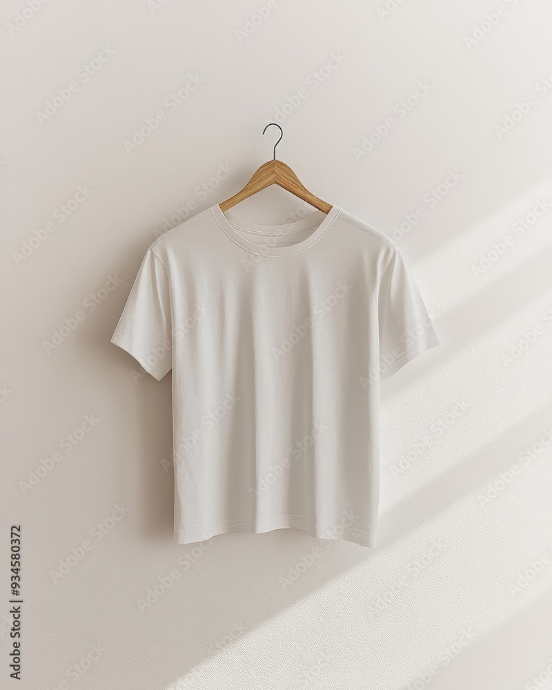 White T-Shirt Mockup Hanging on Wooden Hanger on White Wall with Light Shadow White T-Shirt Mockup Hanging on Wooden Hanger on White Wall with Light Shadow