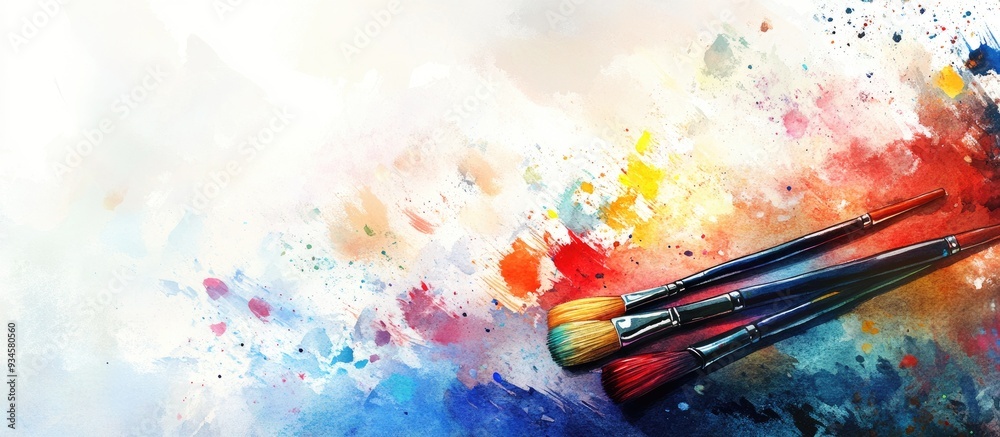 Fototapeta premium Watercolor illustration featuring a blurred image of a palette and brushes showcasing vibrant colors with ample copyspace