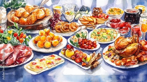 Watercolor illustration featuring a colorful array of cuisine