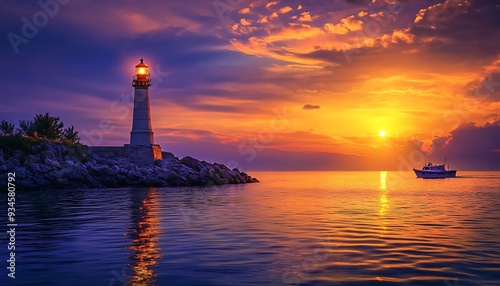 Sunset Harbor Entrance with Lighthouse and Calm Water Reflections