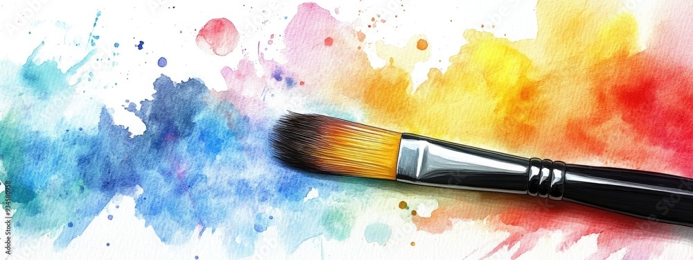 Obraz premium Watercolor illustration featuring an abstract backdrop with paint splashes and a brush