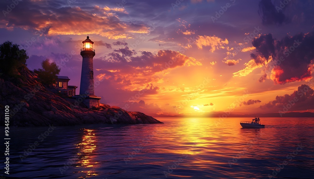 Sunset Harbor Entrance with Lighthouse and Calm Water Reflections Sunset Harbor Entrance with Lighthouse and Calm Water Reflections