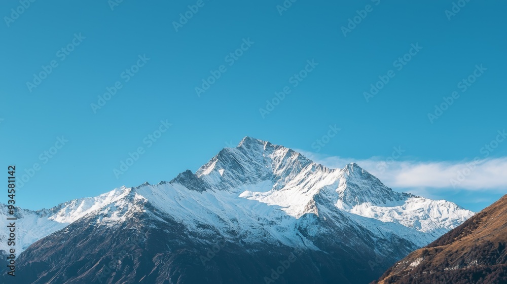 Majestic mountain range with snow-capped peaks and clear blue sky above. Majestic Mountain Range Majestic mountain range with snow-capped peaks and clear blue sky above. Majestic Mountain Range