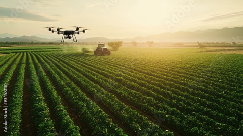 Drone and Tractor Working in Field of Crops at Sunset.