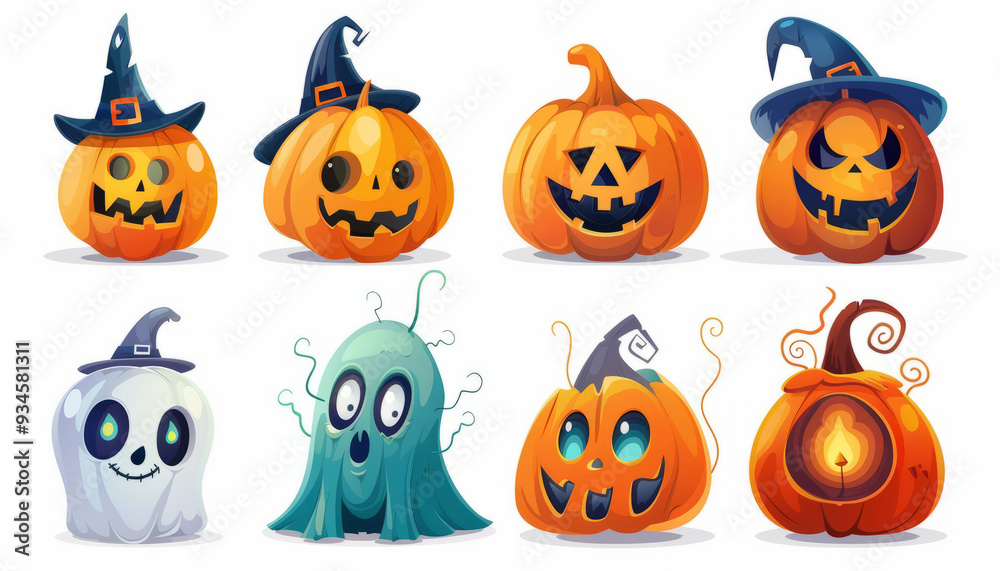Cute Spooky Set of Halloween Monsters and Characters in Cartoon Style - Digital Art on White Background Cute Spooky Set of Halloween Monsters and Characters in Cartoon Style - Digital Art on White Background