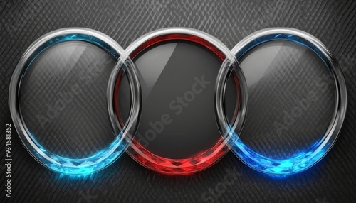 Three Interlocking Glowing Glass Rings on Black Patterned Background photo