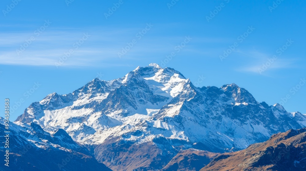 Majestic mountain range with snow-capped peaks and clear blue sky above. Majestic Mountain Range Majestic mountain range with snow-capped peaks and clear blue sky above. Majestic Mountain Range