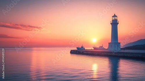 Majestic Lighthouse at Sunrise with Calm Waters and Approaching Boats