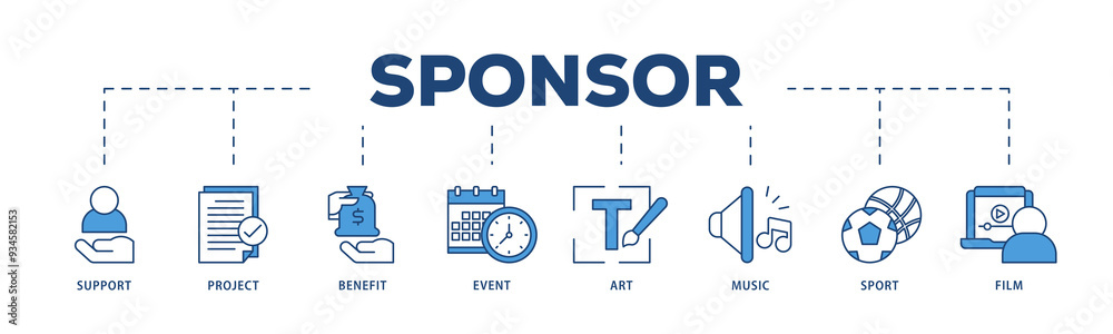 Sponsor icons process structure web banner illustration of film, sport, event, music, art, benefit, project, support icon png transparent background.