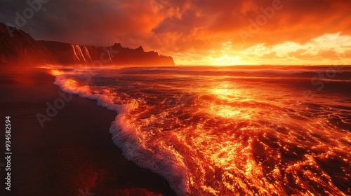 Dramatic Sunset Over Ocean with Fiery Sky and Waves - Iceland Landscape Photography