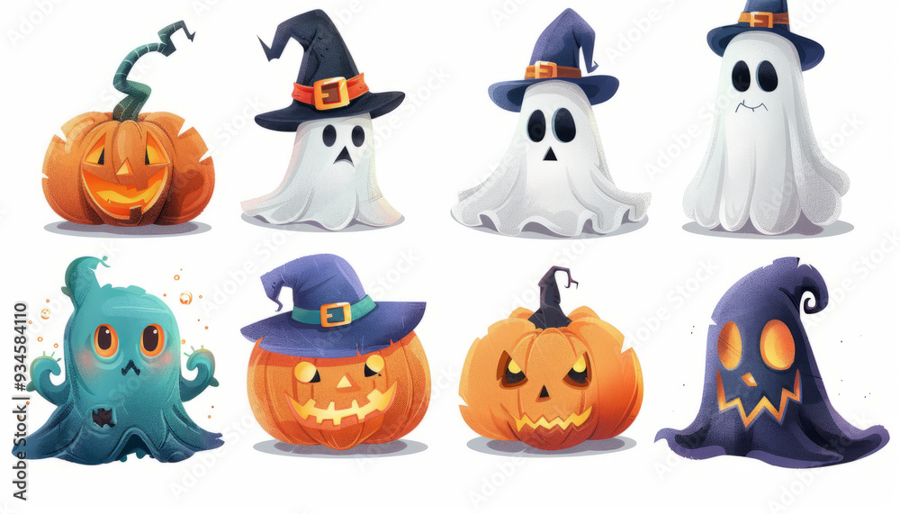 Naklejka premium Cute Spooky Set of Halloween Monsters and Characters in Cartoon Style - Digital Art on White Background