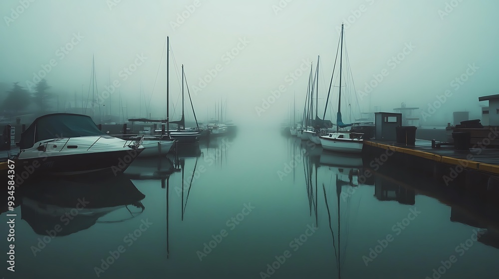 Foggy Morning Harbor with Still Waters and Shrouded Vessels Foggy Morning Harbor with Still Waters and Shrouded Vessels