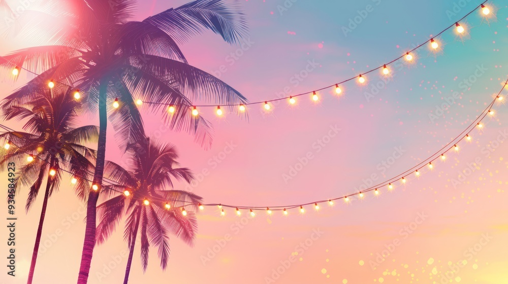 Fototapeta premium Sunset Palm Trees with String Lights