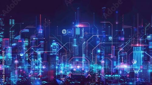 Futuristic Cityscape with Neon Lights and Circuitry