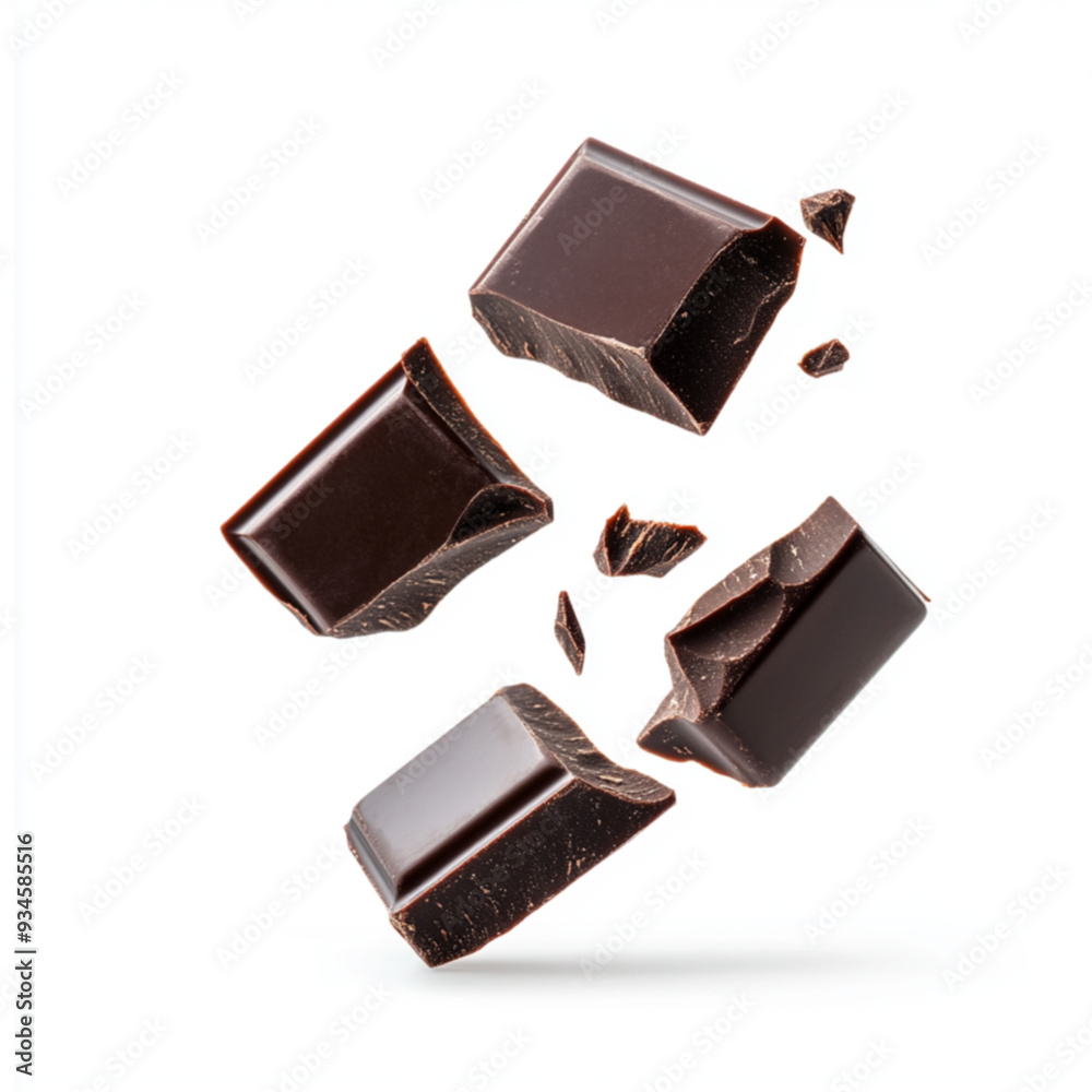 Isolated dark chocolate pieces, rectangle shape, pieces are angled different ways, floating in air, white background, shot from the side Isolated dark chocolate pieces, rectangle shape, pieces are angled different ways, floating in air, white background, shot from the side