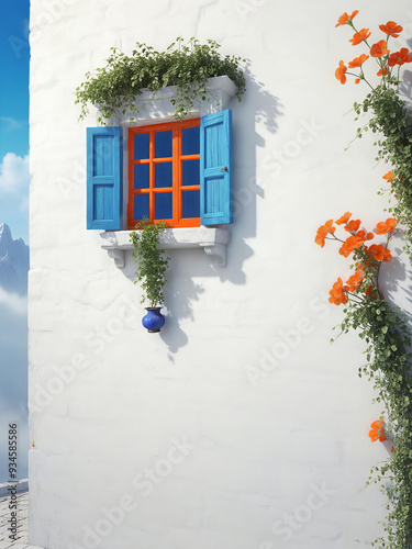 White wall with orange window frame and blue trumpet flowers cascading down